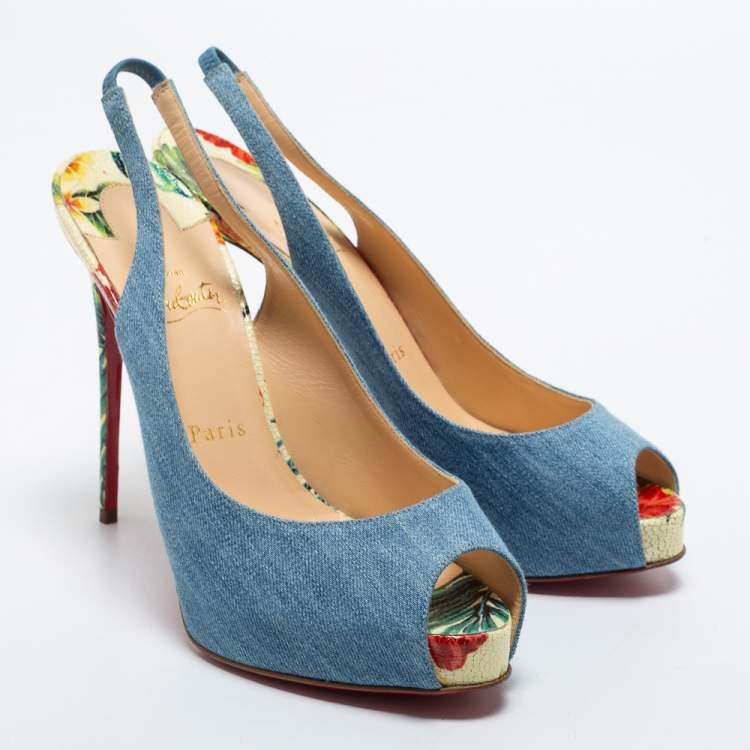 Pre Owned Christian Louboutin Blue Denim Private Number Slingback Pumps Size 38.5