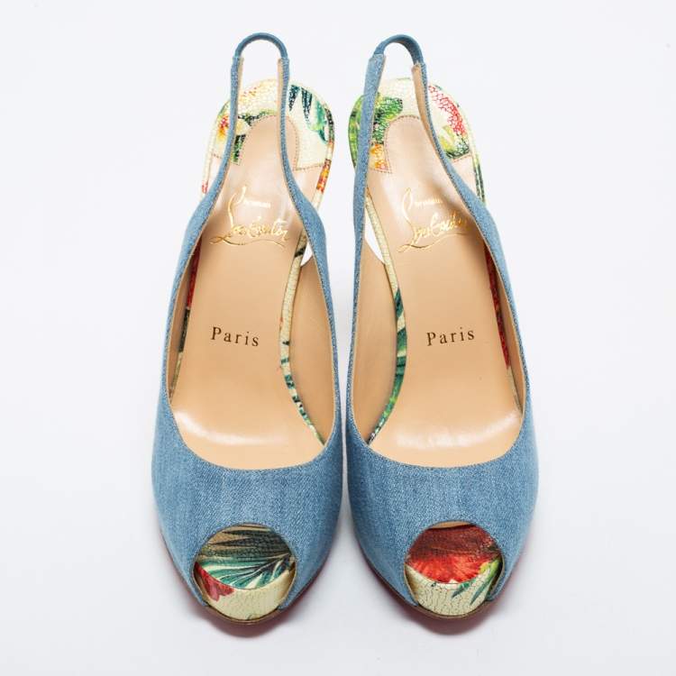 Pre Owned Christian Louboutin Blue Denim Private Number Slingback Pumps Size 38.5