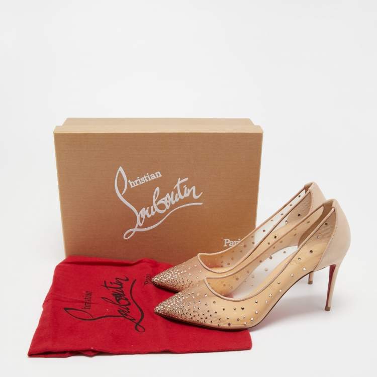 Pre Owned Christian Louboutin Beige Mesh and Fabric Follies Strass Pumps Size 40