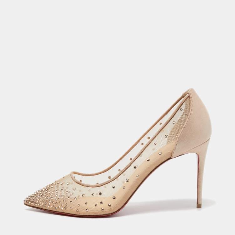 Pre Owned Christian Louboutin Beige Mesh and Fabric Follies Strass Pumps Size 40