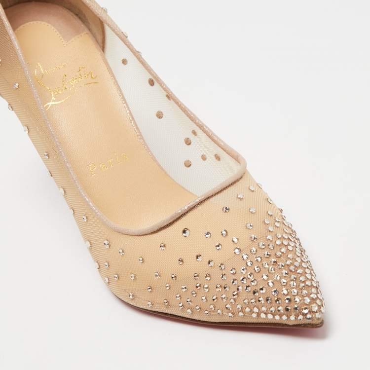 Pre Owned Christian Louboutin Beige Mesh and Fabric Follies Strass Pumps Size 40