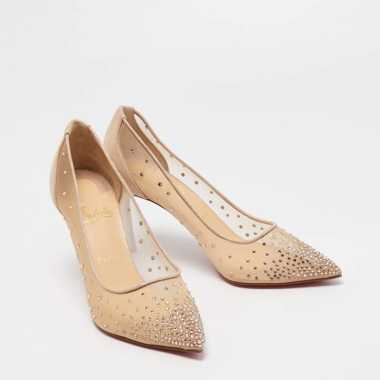 Pre Owned Christian Louboutin Beige Mesh and Fabric Follies Strass Pumps Size 40