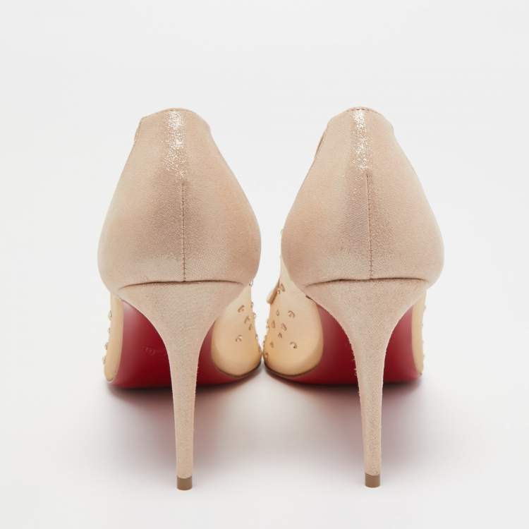 Pre Owned Christian Louboutin Beige Mesh and Fabric Follies Strass Pumps Size 40
