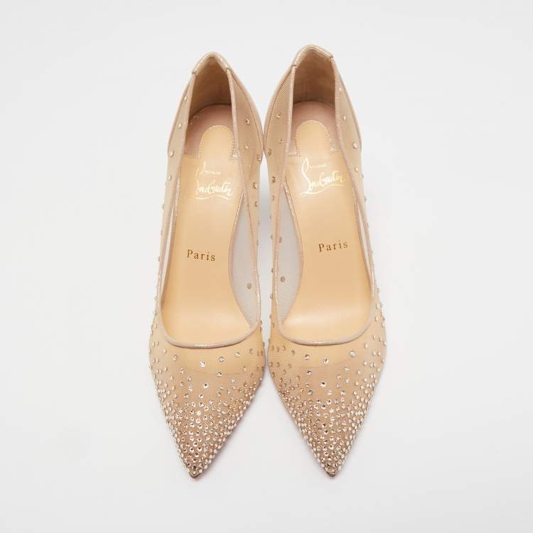 Pre Owned Christian Louboutin Beige Mesh and Fabric Follies Strass Pumps Size 40