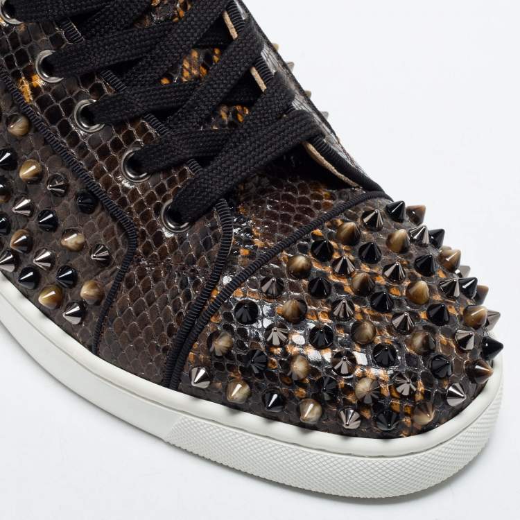 Pre Owned Christian Louboutin Dark Brown Embossed Snakeskin Louis Orlato Amazonia Spike High Top Sneakers Size 39