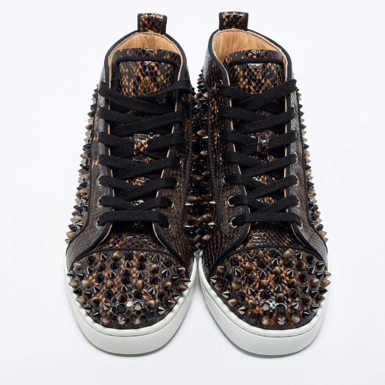 Pre Owned Christian Louboutin Dark Brown Embossed Snakeskin Louis Orlato Amazonia Spike High Top Sneakers Size 39