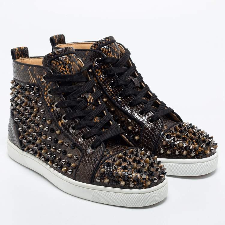 Pre Owned Christian Louboutin Dark Brown Embossed Snakeskin Louis Orlato Amazonia Spike High Top Sneakers Size 39