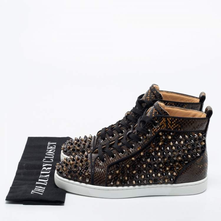 Pre Owned Christian Louboutin Dark Brown Embossed Snakeskin Louis Orlato Amazonia Spike High Top Sneakers Size 39