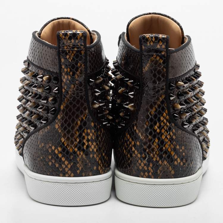 Pre Owned Christian Louboutin Dark Brown Embossed Snakeskin Louis Orlato Amazonia Spike High Top Sneakers Size 39