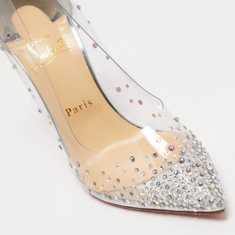 Pre Owned Christian Louboutin Silver Glitter and PVC Degrastrass Pumps Size 39