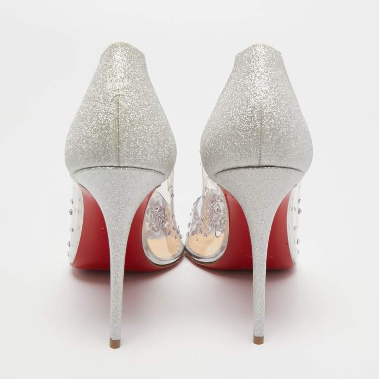 Pre Owned Christian Louboutin Silver Glitter and PVC Degrastrass Pumps Size 39