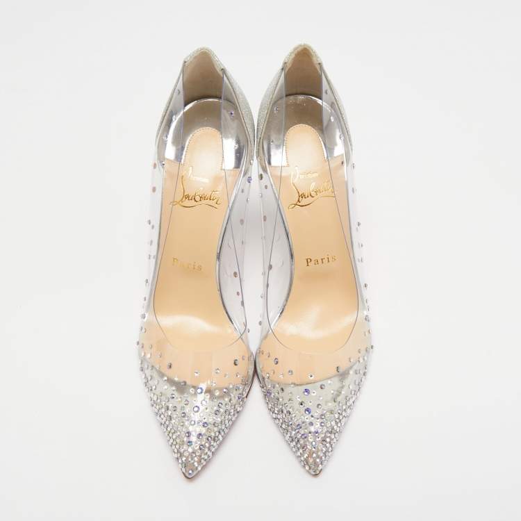 Pre Owned Christian Louboutin Silver Glitter and PVC Degrastrass Pumps Size 39