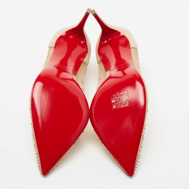 Pre Owned Christian Louboutin Beige Mesh and Laminated Suede Follies Strass Pumps Size 40