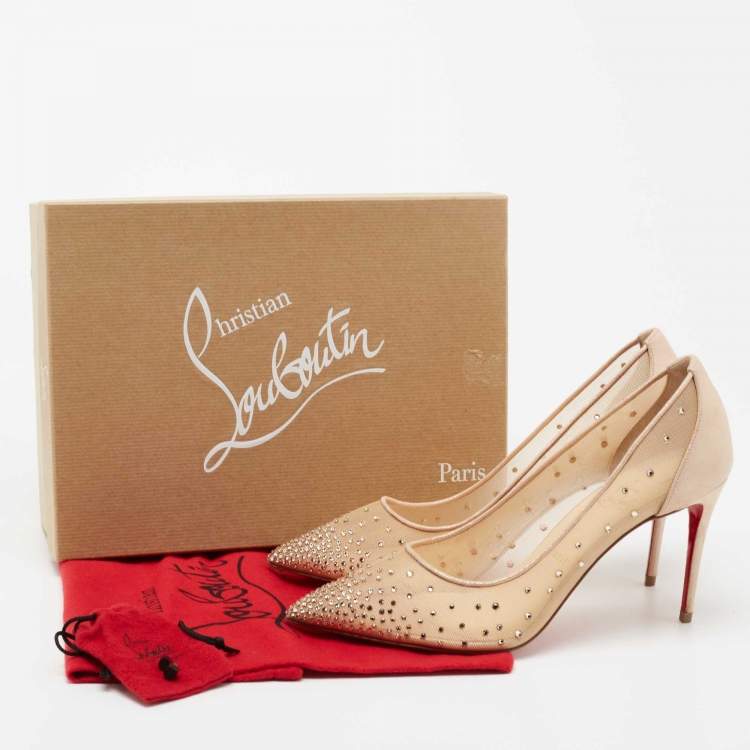 Pre Owned Christian Louboutin Beige Mesh and Laminated Suede Follies Strass Pumps Size 40