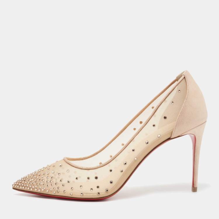 Pre Owned Christian Louboutin Beige Mesh and Laminated Suede Follies Strass Pumps Size 40
