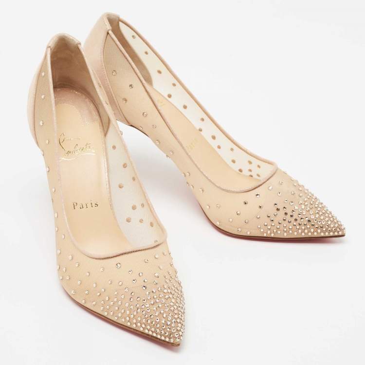 Pre Owned Christian Louboutin Beige Mesh and Laminated Suede Follies Strass Pumps Size 40