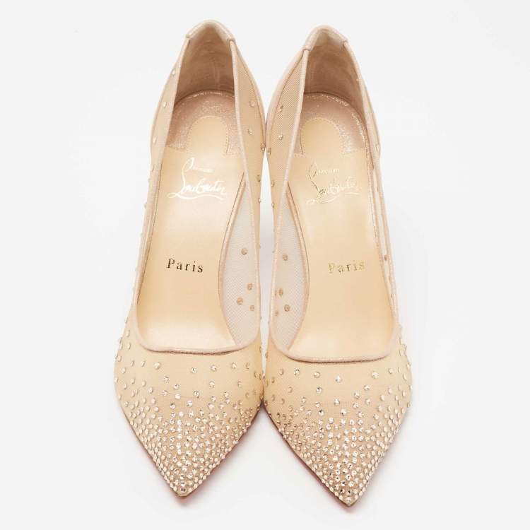Pre Owned Christian Louboutin Beige Mesh and Laminated Suede Follies Strass Pumps Size 40