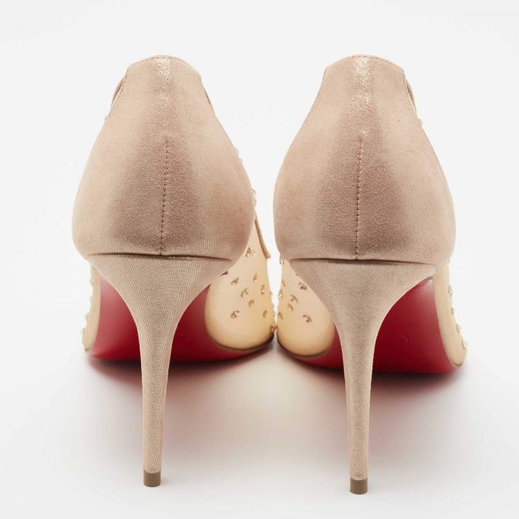 Pre Owned Christian Louboutin Beige Mesh and Laminated Suede Follies Strass Pumps Size 40