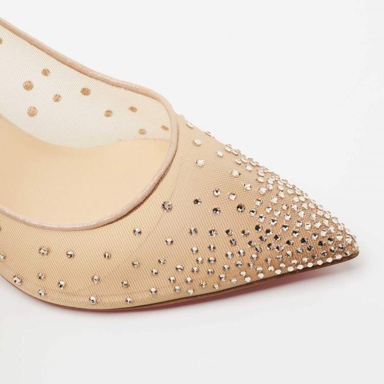Pre Owned Christian Louboutin Beige Mesh and Laminated Suede Follies Strass Pumps Size 40