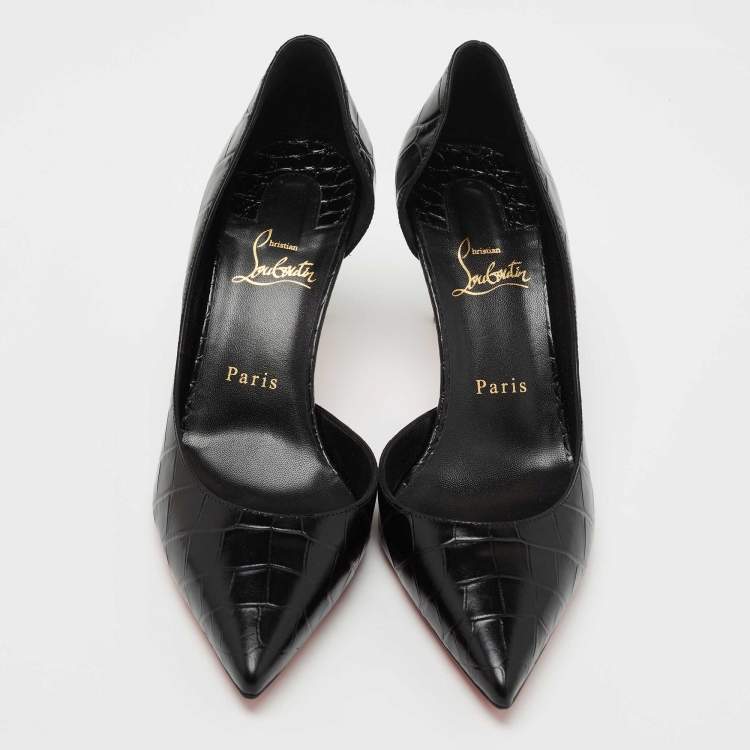 Pre Owned Christian Louboutin Black Croc Embossed Leather Iriza Pumps Size 38.5
