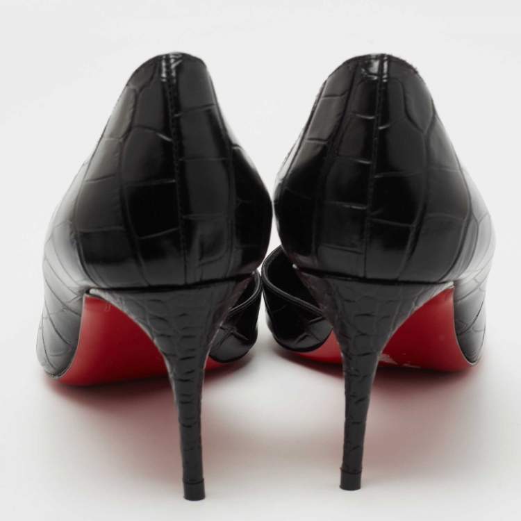 Pre Owned Christian Louboutin Black Croc Embossed Leather Iriza Pumps Size 38.5