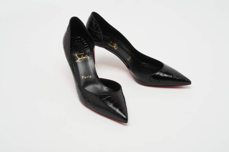 Pre Owned Christian Louboutin Black Croc Embossed Leather Iriza Pumps Size 38.5