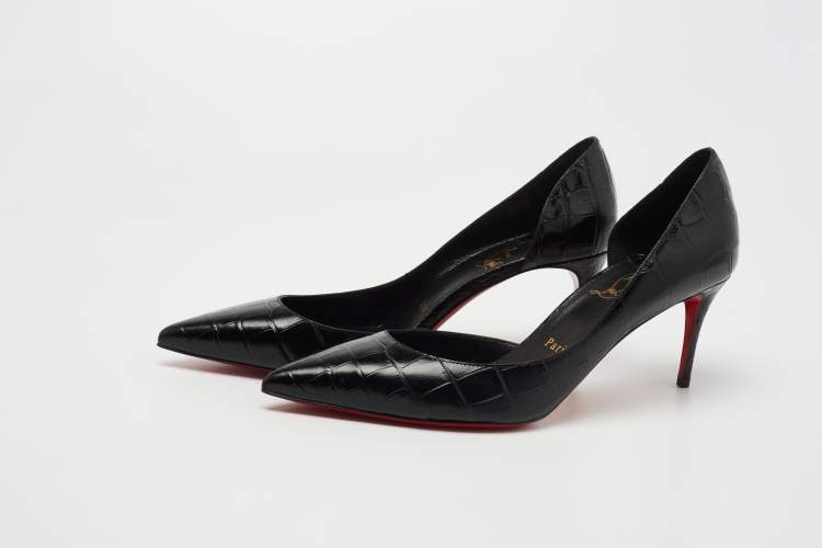 Pre Owned Christian Louboutin Black Croc Embossed Leather Iriza Pumps Size 38.5