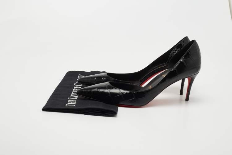 Pre Owned Christian Louboutin Black Croc Embossed Leather Iriza Pumps Size 38.5