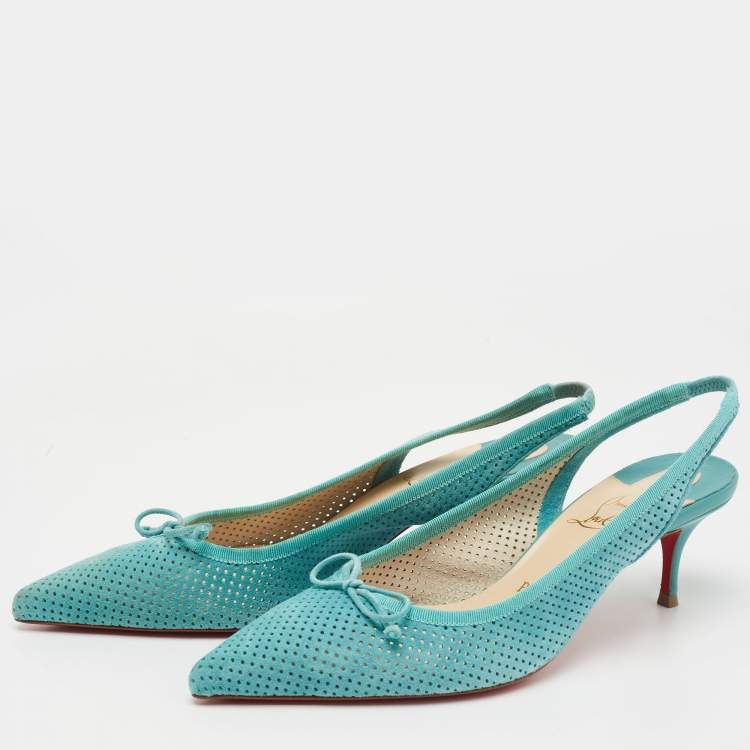 Pre Owned Christian Louboutin Blue Perforated Leather Hall Slingback Pumps Size 37.5