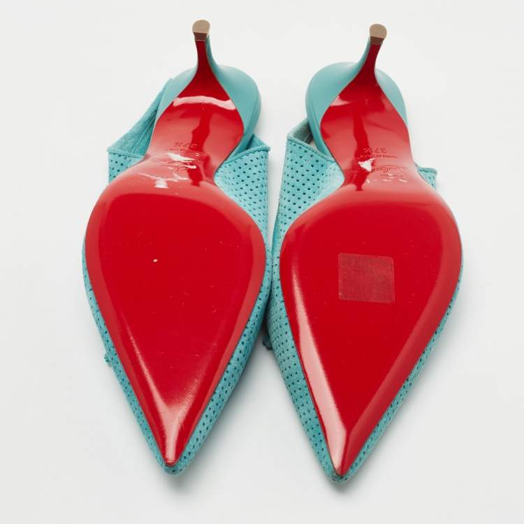 Pre Owned Christian Louboutin Blue Perforated Leather Hall Slingback Pumps Size 37.5