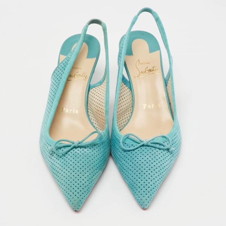 Pre Owned Christian Louboutin Blue Perforated Leather Hall Slingback Pumps Size 37.5