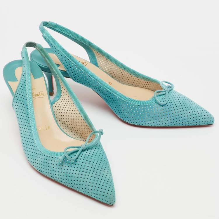 Pre Owned Christian Louboutin Blue Perforated Leather Hall Slingback Pumps Size 37.5