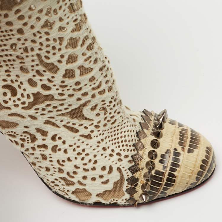 Pre Owned Christian Louboutin Beige/Cream Calf Hair And Fox Fur Ankle Boots Size 36