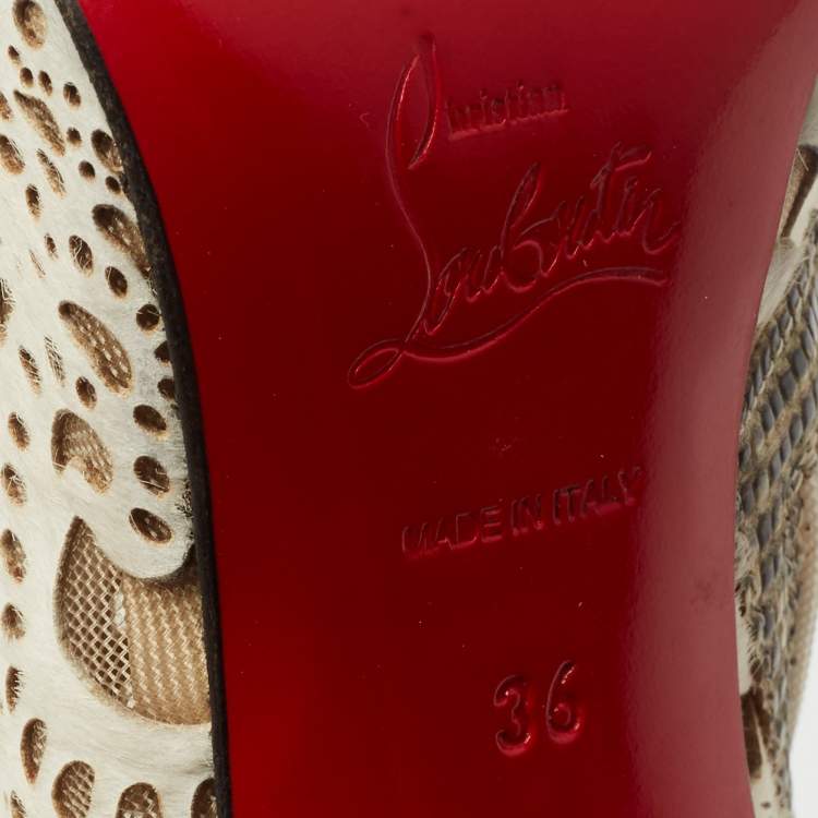 Pre Owned Christian Louboutin Beige/Cream Calf Hair And Fox Fur Ankle Boots Size 36