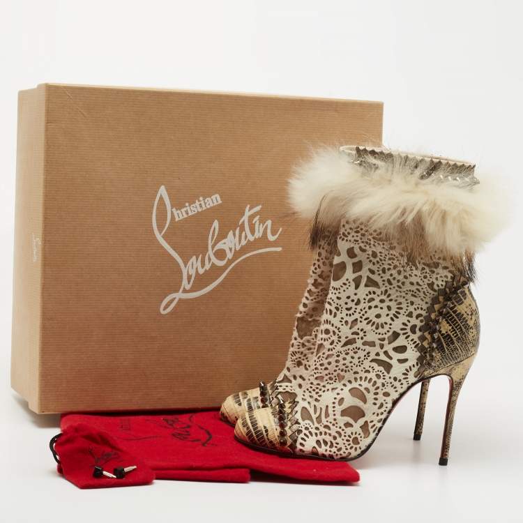 Pre Owned Christian Louboutin Beige/Cream Calf Hair And Fox Fur Ankle Boots Size 36