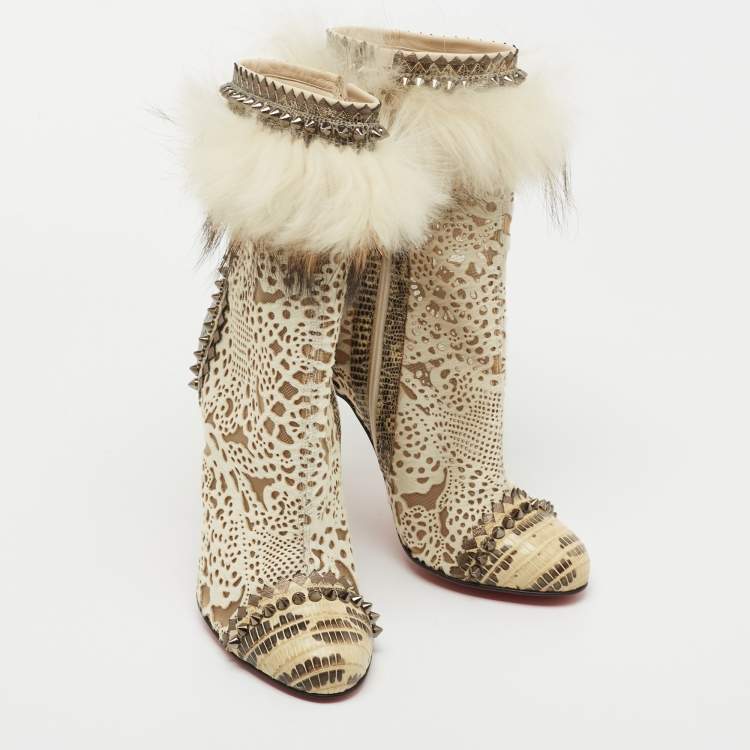 Pre Owned Christian Louboutin Beige/Cream Calf Hair And Fox Fur Ankle Boots Size 36