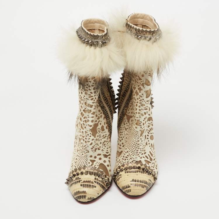 Pre Owned Christian Louboutin Beige/Cream Calf Hair And Fox Fur Ankle Boots Size 36