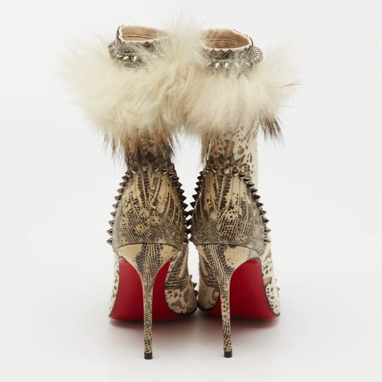 Pre Owned Christian Louboutin Beige/Cream Calf Hair And Fox Fur Ankle Boots Size 36