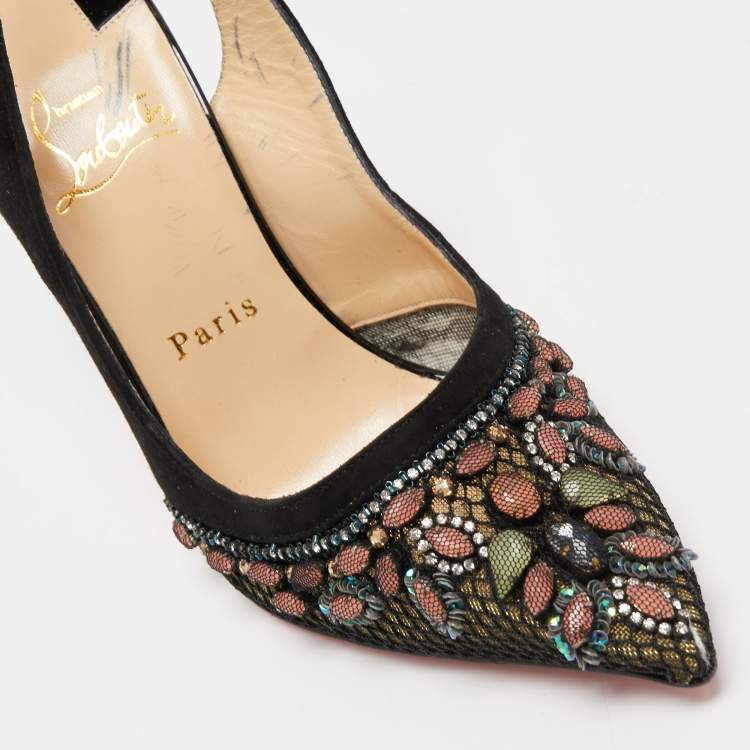 Pre Owned Christian Louboutin Black Suede and Mesh Crystal Embellished Slingback Pumps Size 38