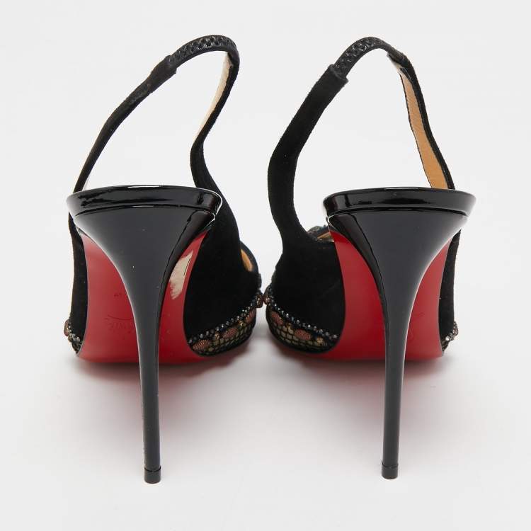 Pre Owned Christian Louboutin Black Suede and Mesh Crystal Embellished Slingback Pumps Size 38