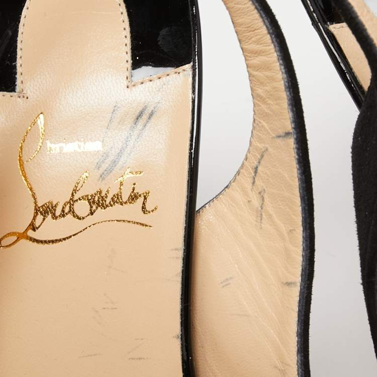 Pre Owned Christian Louboutin Black Suede and Mesh Crystal Embellished Slingback Pumps Size 38