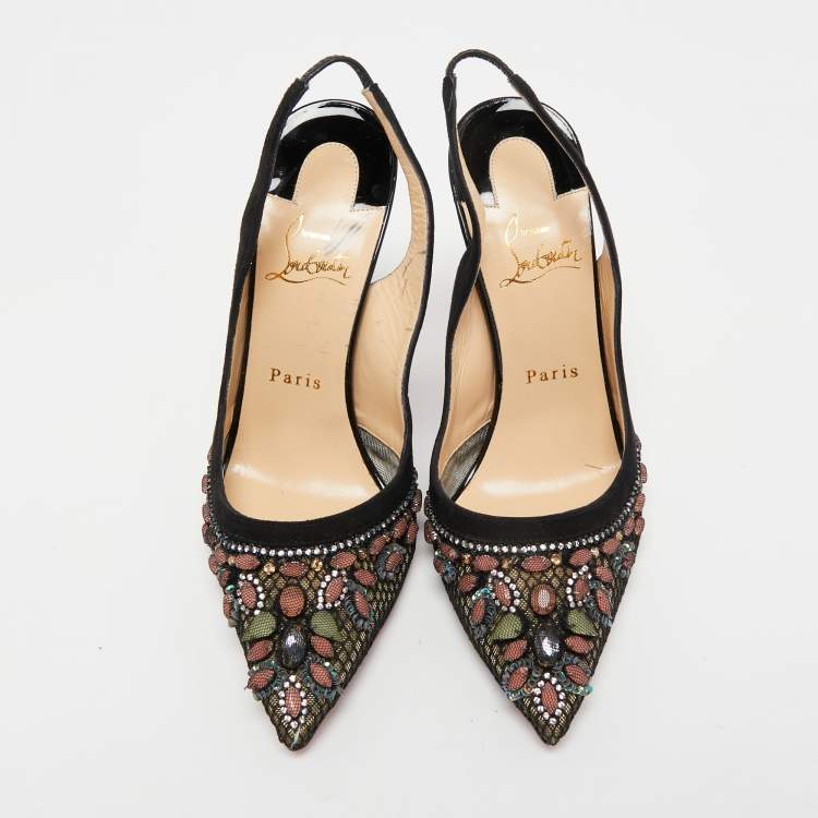 Pre Owned Christian Louboutin Black Suede and Mesh Crystal Embellished Slingback Pumps Size 38