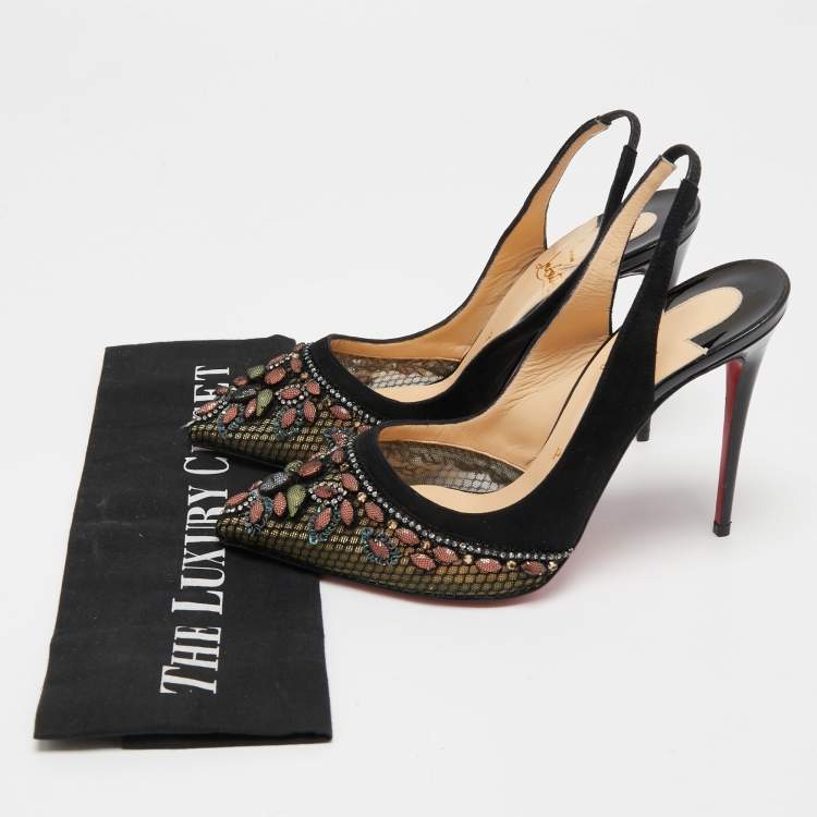 Pre Owned Christian Louboutin Black Suede and Mesh Crystal Embellished Slingback Pumps Size 38