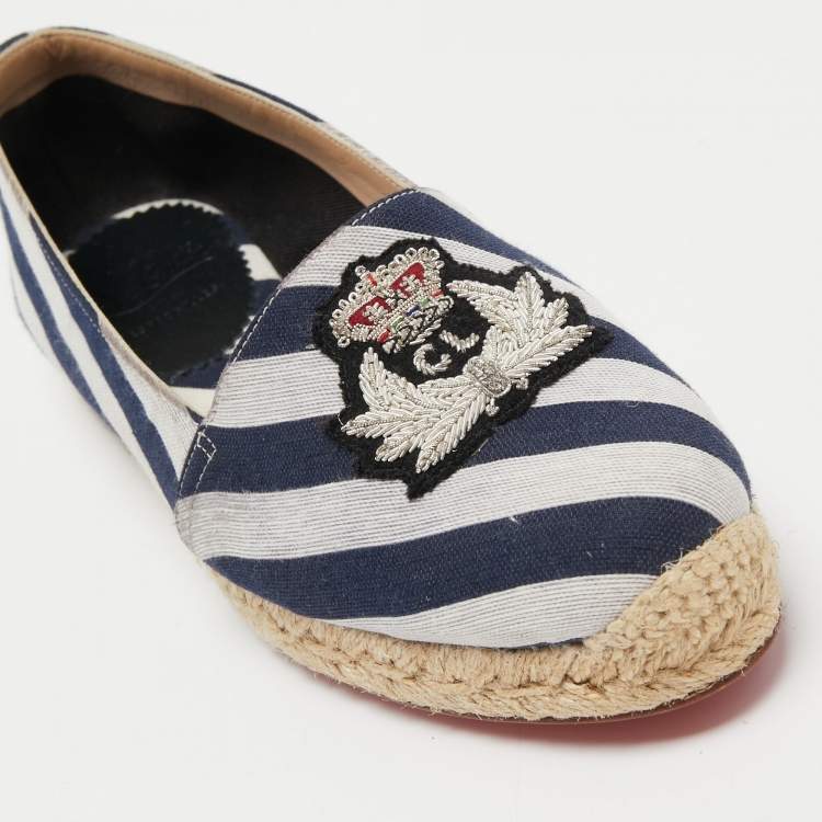 Pre Owned Christian Louboutin Navy Blue/White Striped Canvas Galia Espadrille Flats Size 37