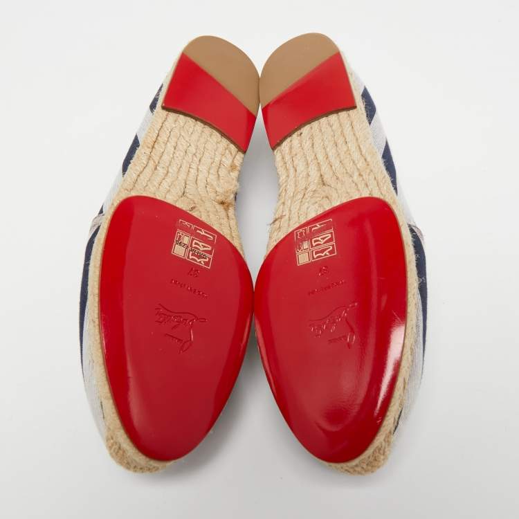 Pre Owned Christian Louboutin Navy Blue/White Striped Canvas Galia Espadrille Flats Size 37