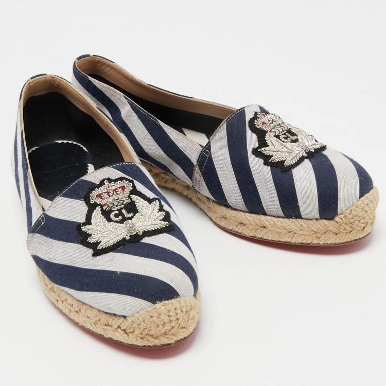 Pre Owned Christian Louboutin Navy Blue/White Striped Canvas Galia Espadrille Flats Size 37