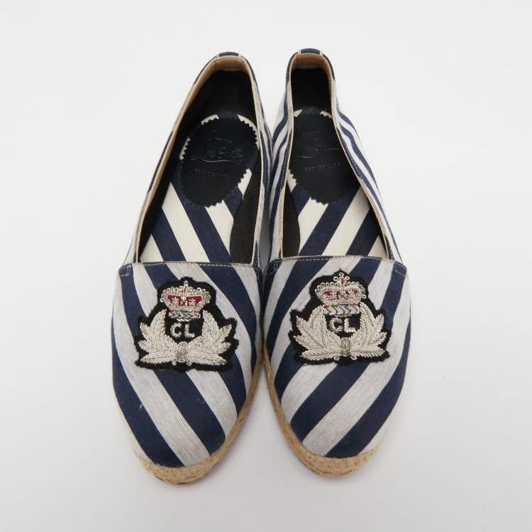 Pre Owned Christian Louboutin Navy Blue/White Striped Canvas Galia Espadrille Flats Size 37