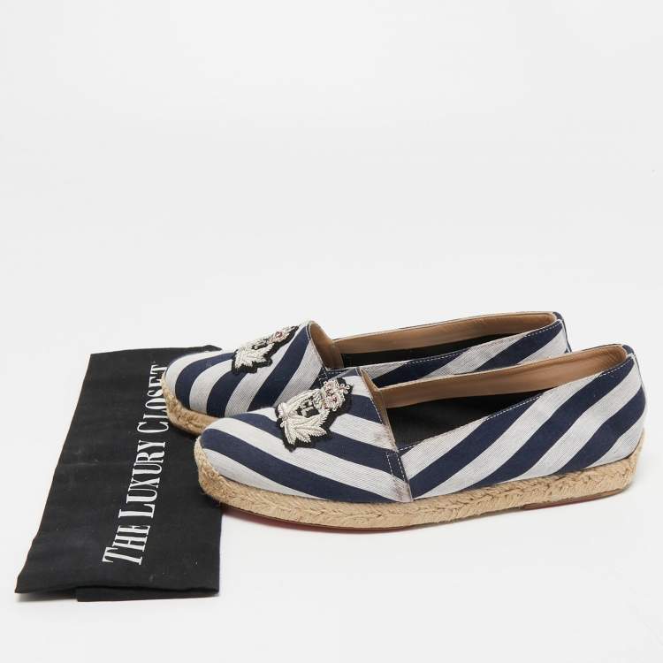 Pre Owned Christian Louboutin Navy Blue/White Striped Canvas Galia Espadrille Flats Size 37