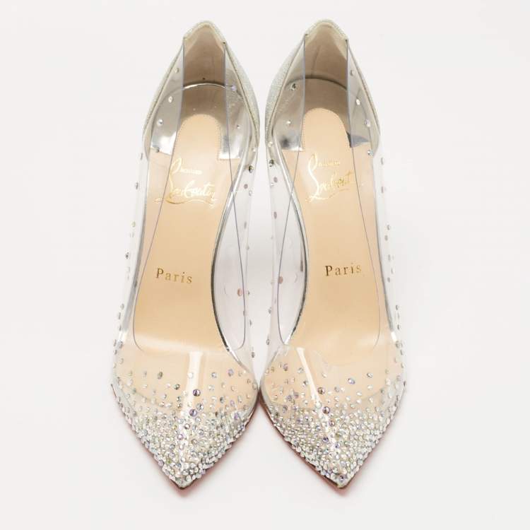 Pre Owned Christian Louboutin Silver Glitter and PVC Degrastrass Pumps Size 39