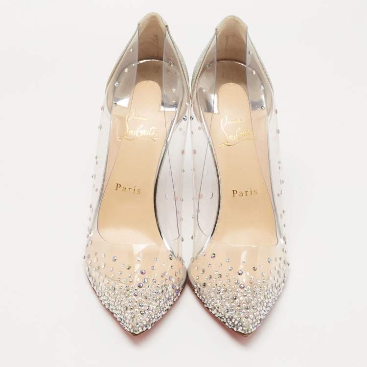 Pre Owned Christian Louboutin Silver Glitter and PVC Degrastrass Pumps Size 40